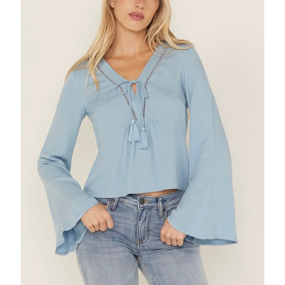 Joyelwind Miranda Lambert Blue Bell Sleeve Peasant Top‎ Boho Festival Small